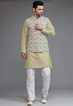 Digital Printed Cotton Silk Kurta Set in Light Green
