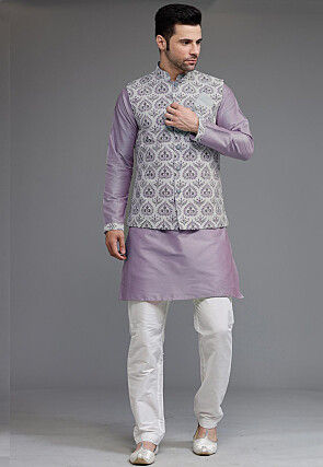Digital Printed Cotton Silk Kurta Set in Light Purple