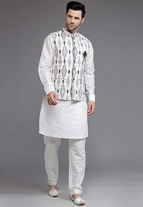 Digital Printed Cotton Silk Kurta Set in Off White
