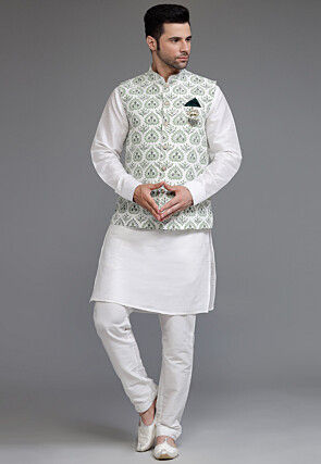 Digital Printed Cotton Silk Kurta Set in Off White