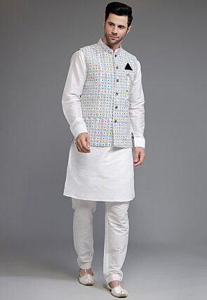 Digital Printed Cotton Silk Kurta Set in Off White