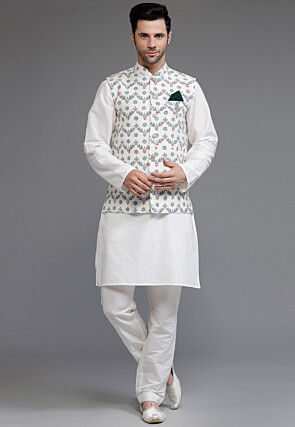 Digital Printed Cotton Silk Kurta Set in Off White