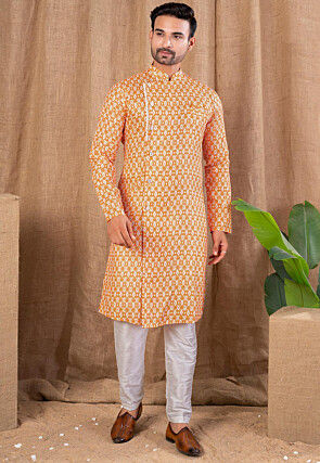 Digital Printed Cotton Silk Kurta Set in Orange