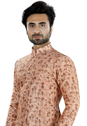 Digital Printed Cotton Silk Kurta Set in Peach