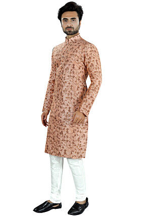 Digital Printed Cotton Silk Kurta Set in Peach