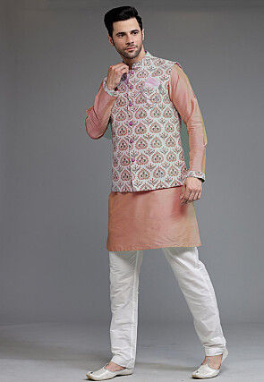 Digital Printed Cotton Silk Kurta Set in Peach