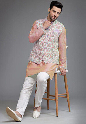 Digital Printed Cotton Silk Kurta Set in Peach
