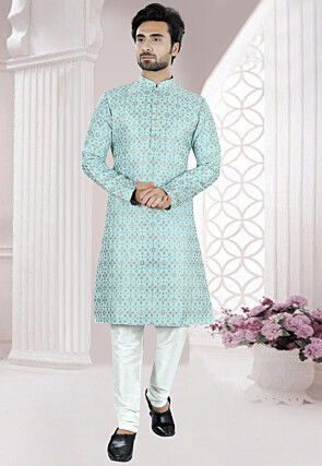 Digital Printed Cotton Silk Kurta Set in Sky Blue