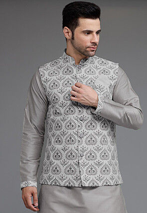 Digital Printed Cotton Silk Nehru Jacket in Grey