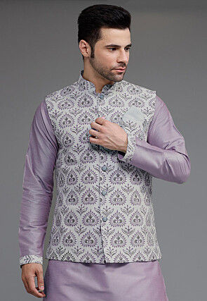 Digital Printed Cotton Silk Nehru Jacket in Grey