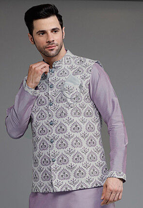 Digital Printed Cotton Silk Nehru Jacket in Grey