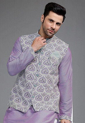 Digital Printed Cotton Silk Nehru Jacket in Grey