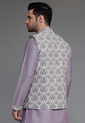 Digital Printed Cotton Silk Nehru Jacket in Grey