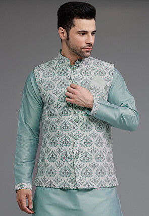 Digital Printed Cotton Silk Nehru Jacket in Light Blue