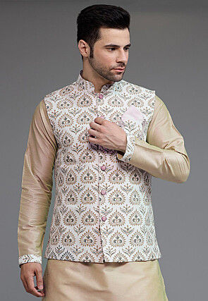 Digital Printed Cotton Silk Nehru Jacket in Off White