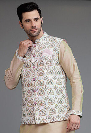 Digital Printed Cotton Silk Nehru Jacket in Off White