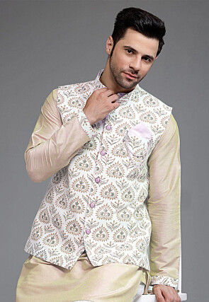 Digital Printed Cotton Silk Nehru Jacket in Off White