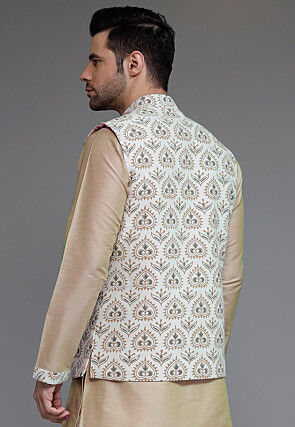 Digital Printed Cotton Silk Nehru Jacket in Off White