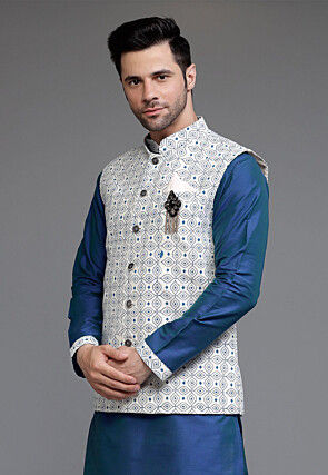 Digital Printed Cotton Silk Nehru Jacket in Off White