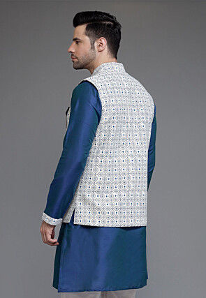 Digital Printed Cotton Silk Nehru Jacket in Off White
