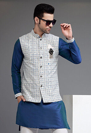 Digital Printed Cotton Silk Nehru Jacket in Off White
