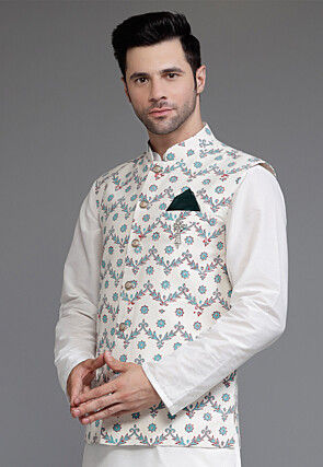 Digital Printed Cotton Silk Nehru Jacket in Off White