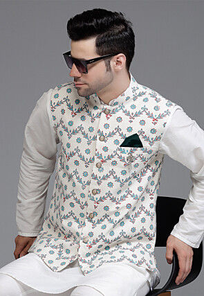 Digital Printed Cotton Silk Nehru Jacket in Off White