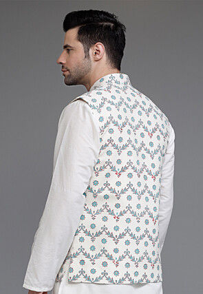 Digital Printed Cotton Silk Nehru Jacket in Off White