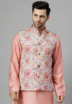 Digital Printed Cotton Silk Nehru Jacket in Peach