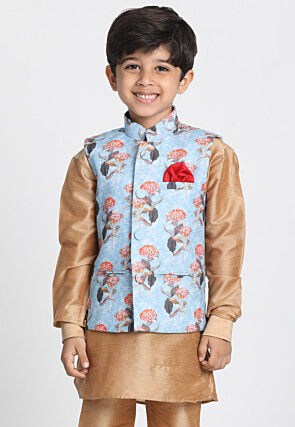 Digital Printed Cotton Silk Nehru Jacket in Sky Blue