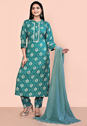 Digital Printed Cotton Silk Pakistani Suit in Teal Blue