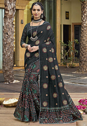 Digital Printed Cotton Silk Saree in Black