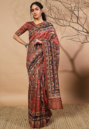 Digital Printed Cotton Silk Saree in Brown