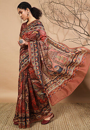 Digital Printed Cotton Silk Saree in Brown