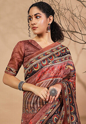 Digital Printed Cotton Silk Saree in Brown