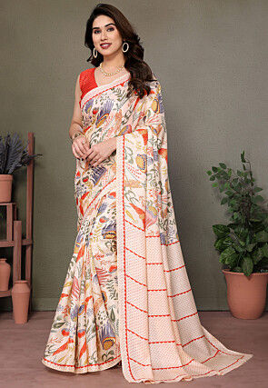 Digital Printed Cotton Silk Saree in Cream