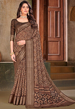 Digital Printed Cotton Silk Saree in Dark Brown