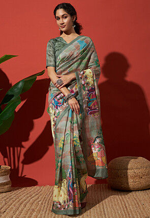 Digital Printed Cotton Silk Saree in Dusty Green and Rust
