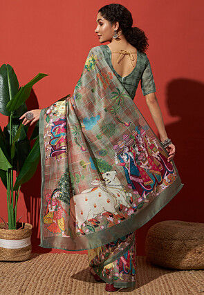 Digital Printed Cotton Silk Saree in Dusty Green and Rust