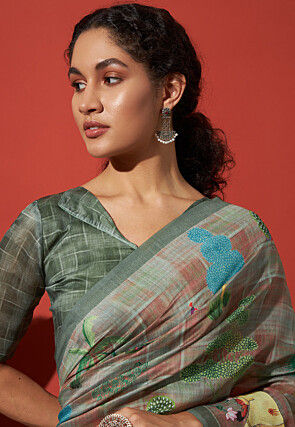 Digital Printed Cotton Silk Saree in Dusty Green and Rust