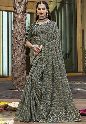Digital Printed Cotton Silk Saree in Dusty Green
