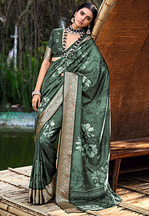 Digital Printed Cotton Silk Saree in Green