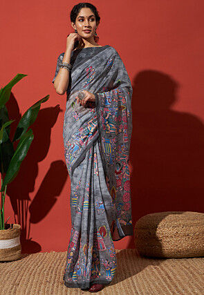 Digital Printed Cotton Silk Saree in Grey