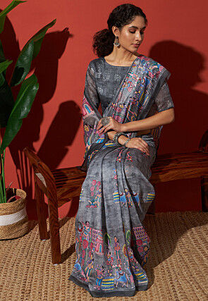 Digital Printed Cotton Silk Saree in Grey
