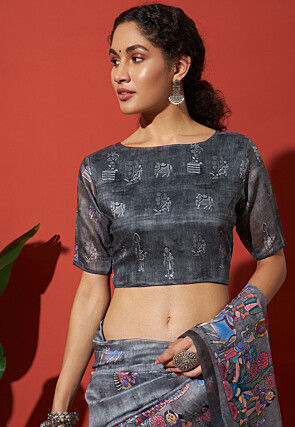 Digital Printed Cotton Silk Saree in Grey