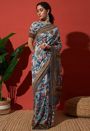 Digital Printed Cotton Silk Saree in Grey
