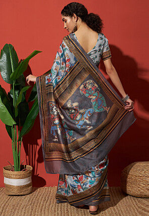 Digital Printed Cotton Silk Saree in Grey