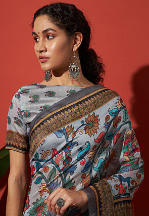 Digital Printed Cotton Silk Saree in Grey