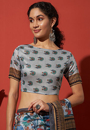 Digital Printed Cotton Silk Saree in Grey