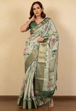 Digital Printed Cotton Silk Saree in Light Green